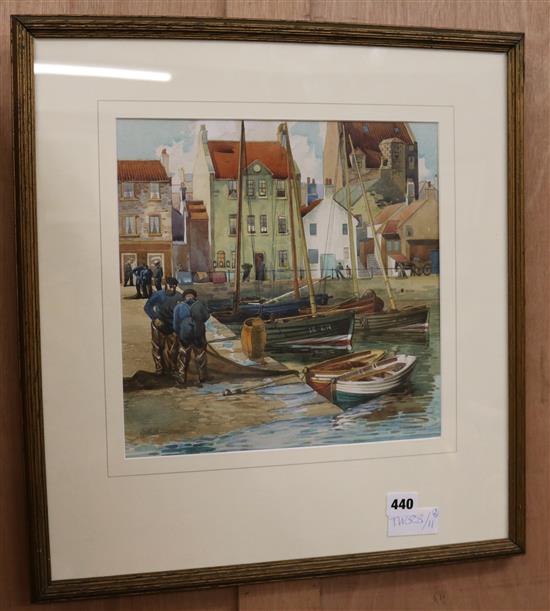 Walter M. Cuthill (fl. 1929-1946), gouache, Newhaven Harbour, Edinburgh and another, approx 29 x 30cm (largest)